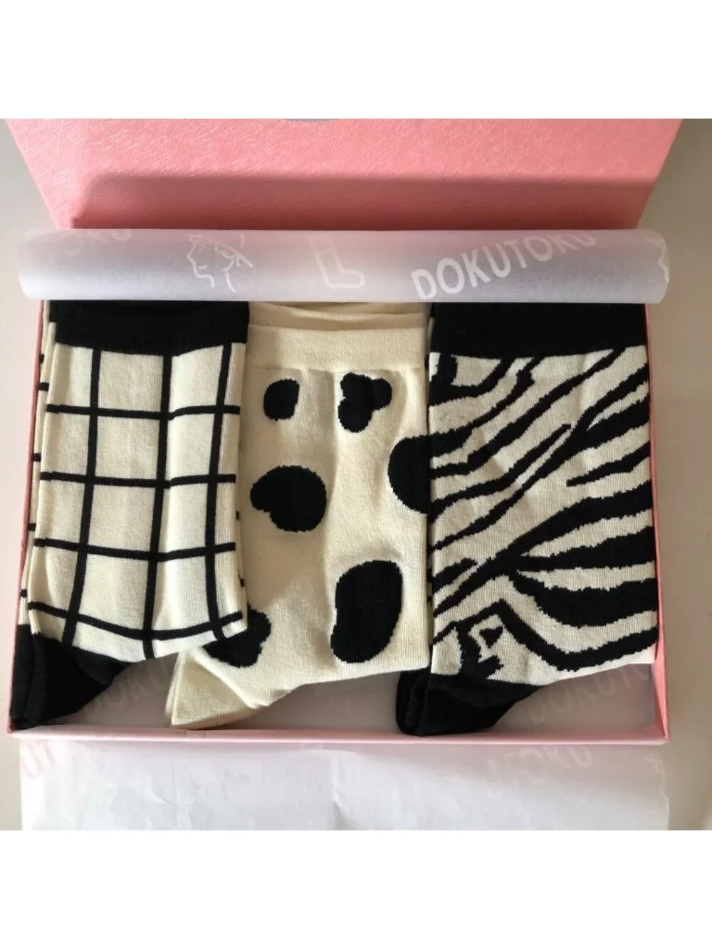 Dokutoku Animal Patterned Crew Socks Gift Box Set 3 Pairs Womens Black White NEW
